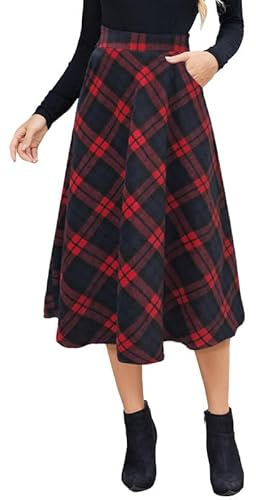 Alaster Queen Gonna da donna a quadri lunga, a vita alta, elasticizzata, con tasche, ideale per l'inverno, Rosso, M