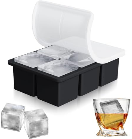 Silicone Square Ice Cube Mould with Lid - Large Square Ice Cubes for Whiskey,Cocktails,Drinks, 6 Compartments (Black)