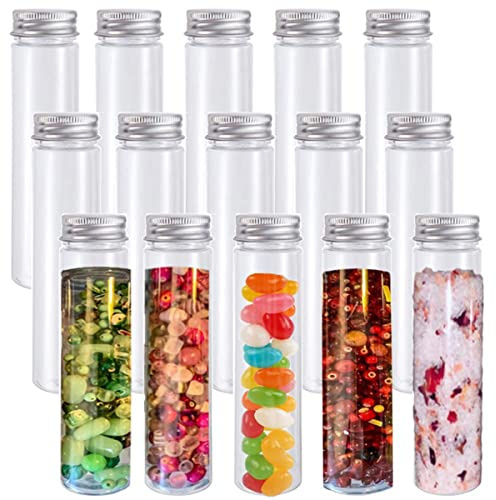 Htuygyjaw Tubo de Ensayo de PláStico de 15 Piezas de 110 Ml, Tubos de Ensayo Planos Transparentes, Tubos de Ensayo de PláStico con Tapas de Rosca para Dulces, Frijoles, DecoracióN de Fiesta
