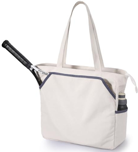 SMRITI Canvas Tennis Tote Bag for Women, Portable Tennis Racquet Shoulder Bag for Large Tennis Racket, Badminton, Pickleball, Padel (Light Grey)