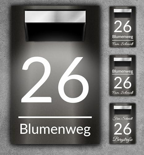 Premium Hausnummer beleuchtet mit LED Solar - RGB - inkl. 11 Farben | individuell anpassbar | Acrylglas Schwarz Matt | Wetterfest H1027 Schwarz