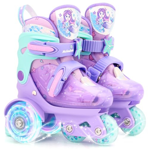 MoSoulais Mermaid - Pattini a rotelle regolabili per bambine, con ruote luminose, regalo di compleanno per bambini, per principianti, età 5, 6, 7, 8 anni, viola, S (10,5C-13C)