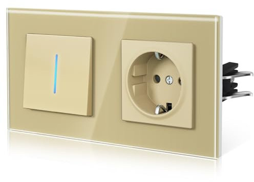 BSEED Interrupteur de lumière avec prise en verre, interrupteur de plâtrage rétroéclairé avec griffe, interrupteur nouvelle série E, 1 Gang 2 voies, or 157mm