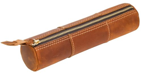 ECHSRT Genuine Leather Pencil Pouch for Adults, Slim Cylinder Case, Brown