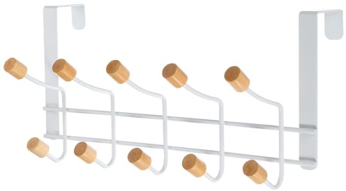 QUARKZMAN Porte-Manteau Suspendu Sur Porte En Métal Avec 10 Crochets En Bois Pour Organisateur Et suspendu De Manteaux Serviettes Sacs Chapeaux Robes, Blanc