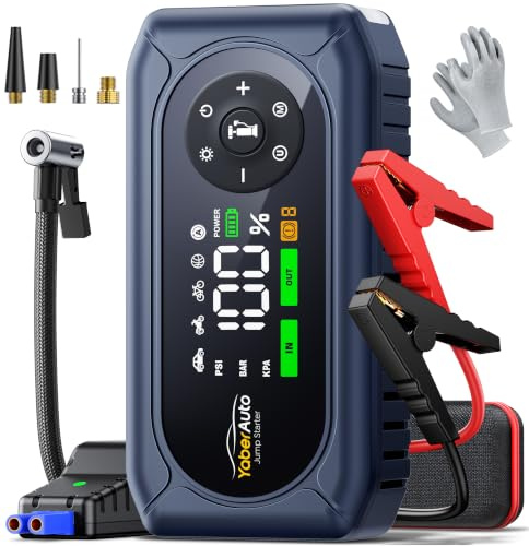 YaberAuto Jump Starter Power Pack 6500A with Air Compressor 150PSI, Car Battery Booster Jump Starter for 9L Gas/8L Diesel, Car Starter Power Bank with Jump leads, Insulated Gloves, 800 Lumens