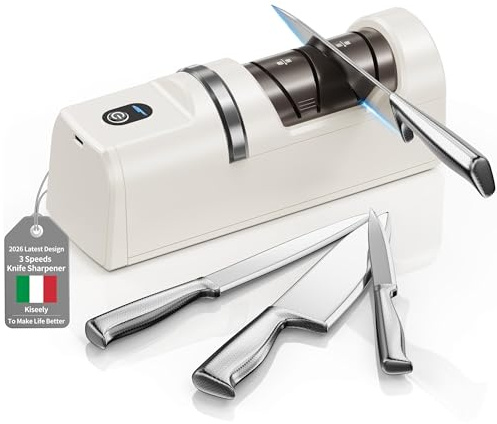 Affilacoltelli elettrico, Sistema di affilatura coltelli 5 in 1 con 3 velocità, affilacoltelli professionale ricaricabile con diamante per affilatura grossolana e fine (bianco)