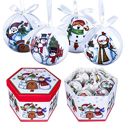 The Christmas Workshop Set of 14 Christmas Baubles/Various Festive Designs/Gift Boxed Christmas Tree Decorations / 7.5cm Diameter Baubles (White Cartoon Snowman)
