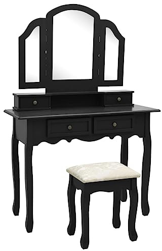 vidaXL Paulownia Ensemble de Coiffeuse et Tabouret Table de Maquillage Table Cosmétique Chambre Boudoir Vestiaire Maison Intérieur Noir 100x40x146 cm