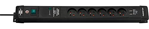 Brennenstuhl Premium-Line Steckdosenleiste mit USB-Ladebuchsen, Überspannungsschutz und 6 Steckdosen mit Schalter (Leiste mit 3 m Kabel, 2 USB-Ports 5 V/3,1 A, Schwarz