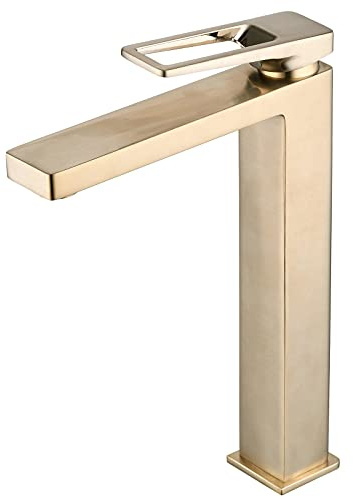 SHUNLI Gold Bathroom Sink Mixer Tap, Modern Design Large Single Hole Basin Tap, Pure Brass, Brushed Gold