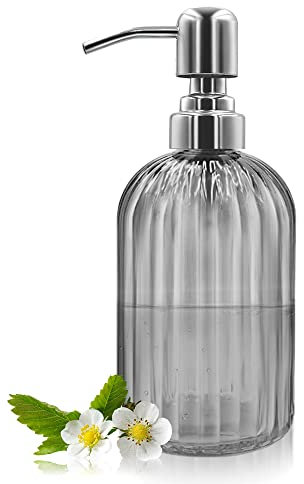 14 Oz Glass Soap Dispenser with 304 Rust Proof Stainless Steel Pump, Refillable Hand Liquid Soap Dispenser for Bathroom, Kitchen， Countertop, Laundry Room (Dark Grey)
