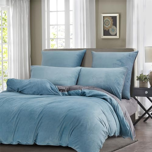 Boqingzhu Winter Bettwäsche 135x200cm Plüsch Blau Hellblau Grau Biber Flanell Warm Kuschelig Flauschig Wende Bettwäsche Teddy Fleece Samt Cashmere Touch Bettbezug 135x200cm