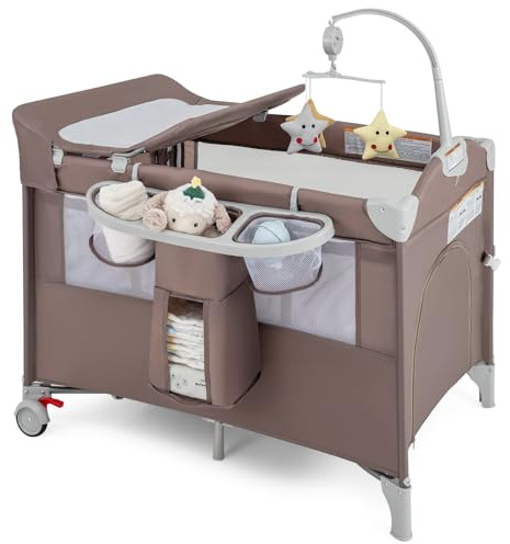 BABY JOY 5-in-1 Pack and Play, Portable Baby Bedside Sleeper with Bassinet, U-Shaped Diaper Changer, Safety Strap, Side Zipper Entrance, Bedside Crib Playard from Newborn to Toddlers (Coffee)