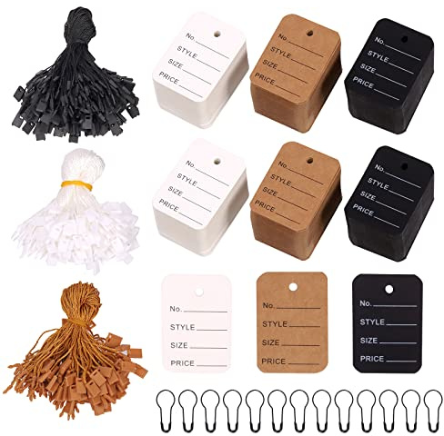 Keadic Lot de 1700 étiquettes de prix pré-imprimées pour vêtements avec cordon de suspension en métal noir, 3 couleurs, attaches à crochets pour vêtements, vente au détail
