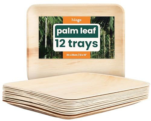 HAAGO Rectangular Palm Leaf Disposable Trays 25x30cm - Compostable, Eco-Friendly Like Wooden & Bamboo Trays for Hot & Cold Food, Microwave & Freezer Safe for Picnics (12)