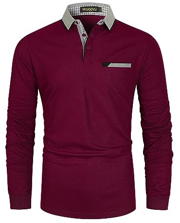 VHUQGVU Mens Stylish Polo Cotton Long Sleeve Contrasting Color Regular Top Golf Shirt,red,L