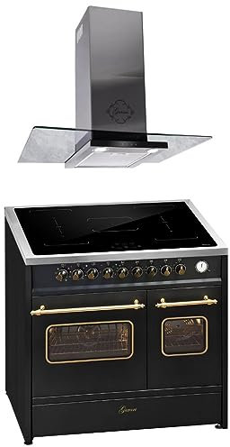 GURARI Induktions-Standherd E 913 DF RU BL+GCH T 466 IS 90 BL PRIME, Retro Elektro Standherd 90cm, Range Coocker mit FLEX Induktion+Dunstabzugshaube 90 cm