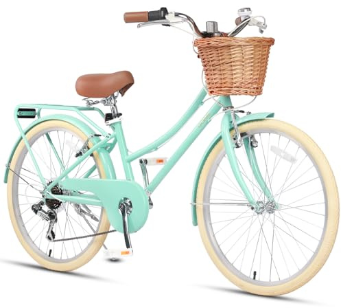 Glerc 24 Inch Beach Cruiser Bike, 6-Speed Hybrid City Bicycle for Girls Youth and Over 6 Years Old, Missy Bike with Wicker Basket & Lightweight, Mint
