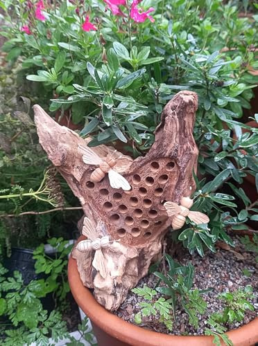 Inspirational Gifting 25cm Bug Bee Insect Hotel in Teak Wood featuring Carved Bees! A beautiful ornamental bug hotel for your garden patio or terrace!
