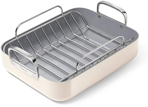 Caraway Roasting Pan - 16x13” Roasting Pan with Rack - Non-Stick Ceramic Coated - Non Toxic, PTFE & PFOA Free - Oven Safe & Compatible with All Stovetops - Cream