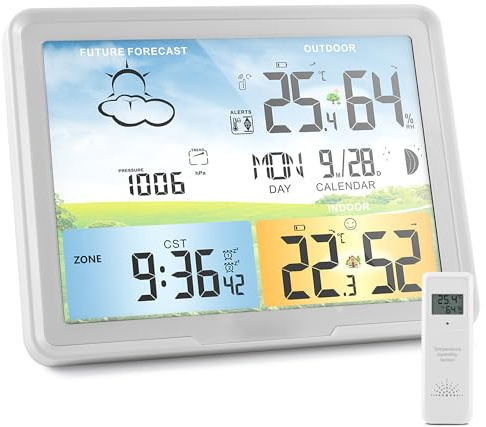 HaureiGi Home Weather Station Wireless Indoor Outdoor Thermometer, Portable Digital Weather Clock Atomic, Bluetooth Color Forecast Station, Multiple Sensors Weather Monitor with Alarm (1 Remote)