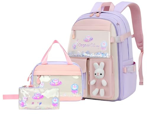 Bansusu 3Pcs Kawaii Bunny Kids Backpack Set for Girls with Lunch Bag and Pencil Case, Girls School Bag Rucksack for Kids School, Purple-L