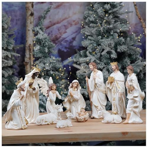 Zayton Nativity Set Christmas Indoor 11 Pcs 8 Inch Scene Statue Figurines Jesus Manger Crib Ornament Church Xmas Home Catholic Religious Decoration