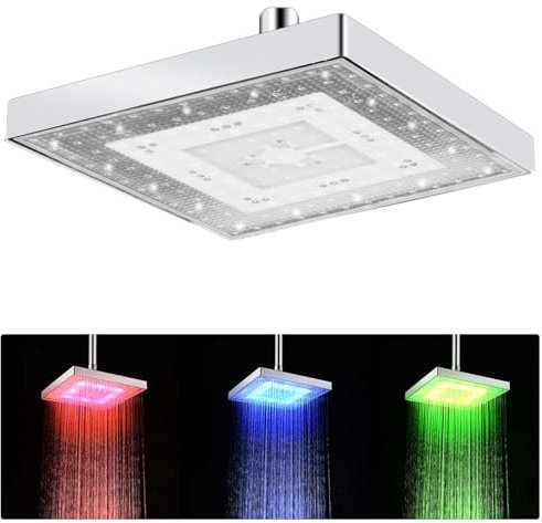 8 Zoll(20cm) Duschkopf Regendusche LED Kopfbrause Regenduschkopf mit 3 Farben Temperaturkontrolle, Hohem Durchfluss Brausekopf Dusche Quadratisch für Home Badezimmer