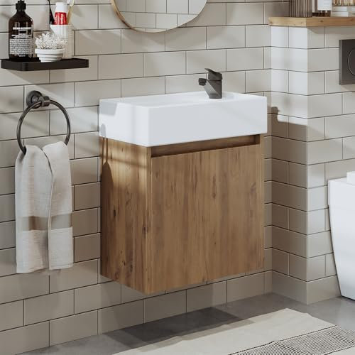 ROOMART Badmöbelset 50cm Unterschrank mit Waschbecken Badezimmer Möbel Gäste WC (Waschbecken mit Unterschrank, Eiche)