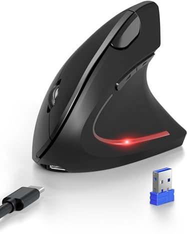 TECKNET Ergonomische Bluetooth Maus, Jiggler Wiederaufladbar Kabellose Maus (BT 5.0/3.0 + 2.4G), 6 Einstellstufen bis 4800 DPI, Optische Leise Vertikale funkmaus für Windows, MacOS, Android, iPadOS