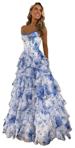 Générique Robe De SoiréE Longue en Mousseline De Soie à Plusieurs Niveaux avec Fente Et Corset sans Bretelles pour Femme Blue White S