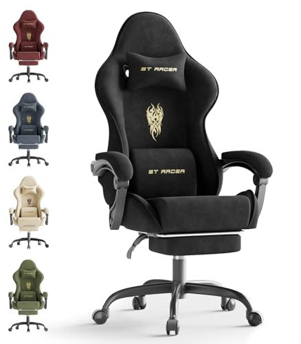 Ferghana Gaming Stuhl Ergonomisch,Gaming Chair，Atmungsaktiver Bürostuhl aus Hochwertigem Stoff，Computerstuhl mit verstellbare Kopfstütze und Lendenkissen，Armlehnen，Fußstütze，Racing PC Stuhl ，Schwarz