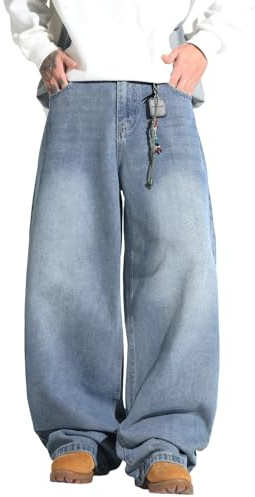 DFGIGT Men's Baggy Y2K Hip Hop Street Jeans Wide Leg Denim Pants Loose Fit Long Trousers Oversized Relaxed 2000s Extreme Motion Skater Skateboard,F10 Blue,Medium