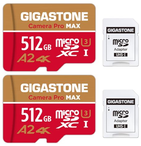 [5 års gratis dataåterställning] GIGASTONE 512 GB 2-pack Micro SD-kort, Camera Pro MAX, A2 V30 för Gopro, actionkameror, 4K UHD-video, upp till 160/100 MB/s, UHS-I U3 C10 med adapter