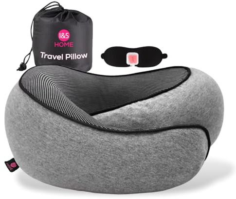 I&S Home Ergonomic Travel Pillow for Adults – Memory Foam Neck Pillow for Airplane with Eye Mask, Ear Plugs & Carry Bag | Travel Essentials for Men & Women | Holiday Travel Accessories