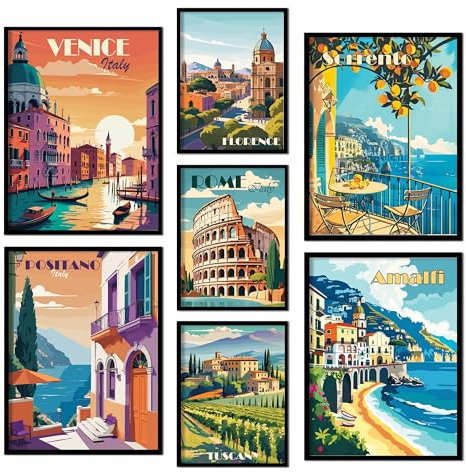 ag.art deco Quadri Moderni Soggiorno | Set di 7 Poster da Parete | Quadri Camera da Letto o il Soggiorno | Stampe da Parete senza Cornice (Ciao Italia)