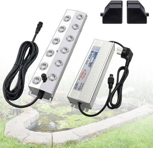 Umidificatore a 12 testine, 9 l/h, con alimentatore di rete da 400 W e boa, nebulizzatore a ultrasuoni in acciaio inox 304, per giardini, laghetti, fontane, Halloween e Natale