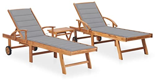 Transat Jardin Extérieur, 2 Pièces en Bois de Teck Massif avec Table et Coussins, Design Réglable 3 Positions, Structure Durable, pour Terrasse, Jardin, Piscine, Couleur Gris, 195 x 59.5 cm