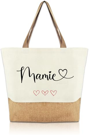 Cadeau mamie sac cabas en toile de jute avec message cœur, grand sac shopping femme pour courses et sorties, idée cadeau pour mamie anniversaire fête des grands-mères, cadeaugrand mere élégant
