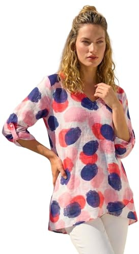 Roman Originals Floral Print Tunic Top for Women UK Ladies Casual Shirt Smart Blouse Asymmetric Wrap Hem Summer Holiday Party Cruise 3/4 Sleeve Longline Oversized - Abstract Pink Navy - Size 20