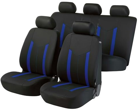 Walser Auto-Sitzbezug Komplettset Hastings, Schonbezüge-Auto, Komplettset, 2 Vordersitzbezüge, 1 Rücksitzbezug, Universal PKW-Sitzbezüge schwarz/blau