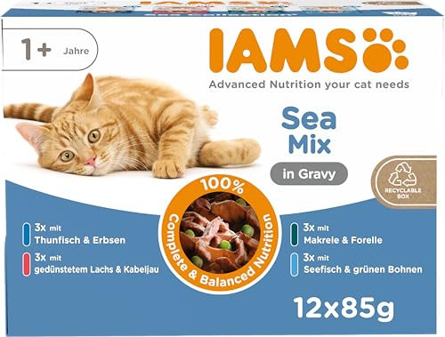 IAMS Delights Sea Collection Katzenfutter Nass - Multipack mit Fisch Sorten (Lachs, Thunfisch, Makrele, Seefisch) in Sauce, Nassfutter für Katzen ab 1 Jahr, 12 x 85g