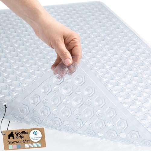 Gorilla Grip - Tappetino da bagno per vasca e doccia, 89 x 41 cm, lavabile in lavatrice, grandi dimensioni, fori di drenaggio e ventose per tenere la superficie pulita, morbido sui piedi, trasparente