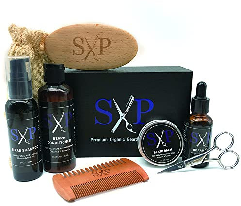Bartpflegeset mit Bartöl, Bartbalsam, Bartbürste, Bartshampoo, Bartpflege, Bartkamm, Bartschere, Leinen-Aufbewahrungstasche, Bartwachstumspflege, Geschenke für Männer