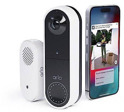 Arlo Kabellose Video Türklingel & Gong/Chime, 1080p HD, RedDot Design Gewinner, 180° Großes Sichtfeld, WLAN, Bewegungsmelder, 2-Wege-Audio, Sirene, Nachtsicht + mit Arlo Secure Testzeitraum, Weiß