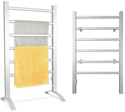 COSTWAY Toallero Electrico 100W, Radiador Toallero Eléctrico Bajo Consumo 2-en-1 con 6 Barras, Tendedero Electrico de Aluminio, de Pared o Suelo, 45-50°C, con Interruptor a Prueba de Salpicaduras