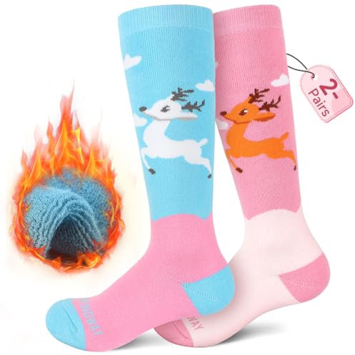 Findway 2 Paar Skisocken Kinder, Winter Snowboarding Atmungsaktive Thermosocken mit Über die Wade Design/Anti-Rutsch-Bündchen für Mädchen/Jungen für Outdoor-Sportarten