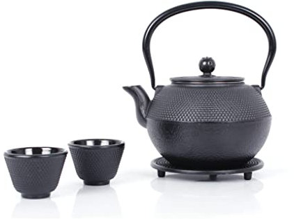 Echtwerk Juego de té de hierro colado, tetera de 1,1 l con colador extraíble, tetera vintage con platillo y 2 tazas de té, negro