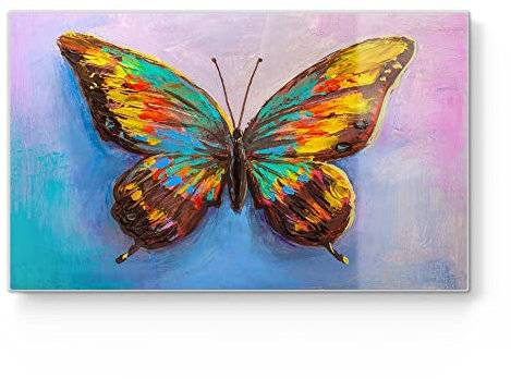 DEQORI Tabla de desayuno de cristal, pequeña 23 x 14 cm, diseño de mariposa colorida, tabla de cortar para cocina, antibacteriana y antideslizante, placa de cristal y bandeja para servir